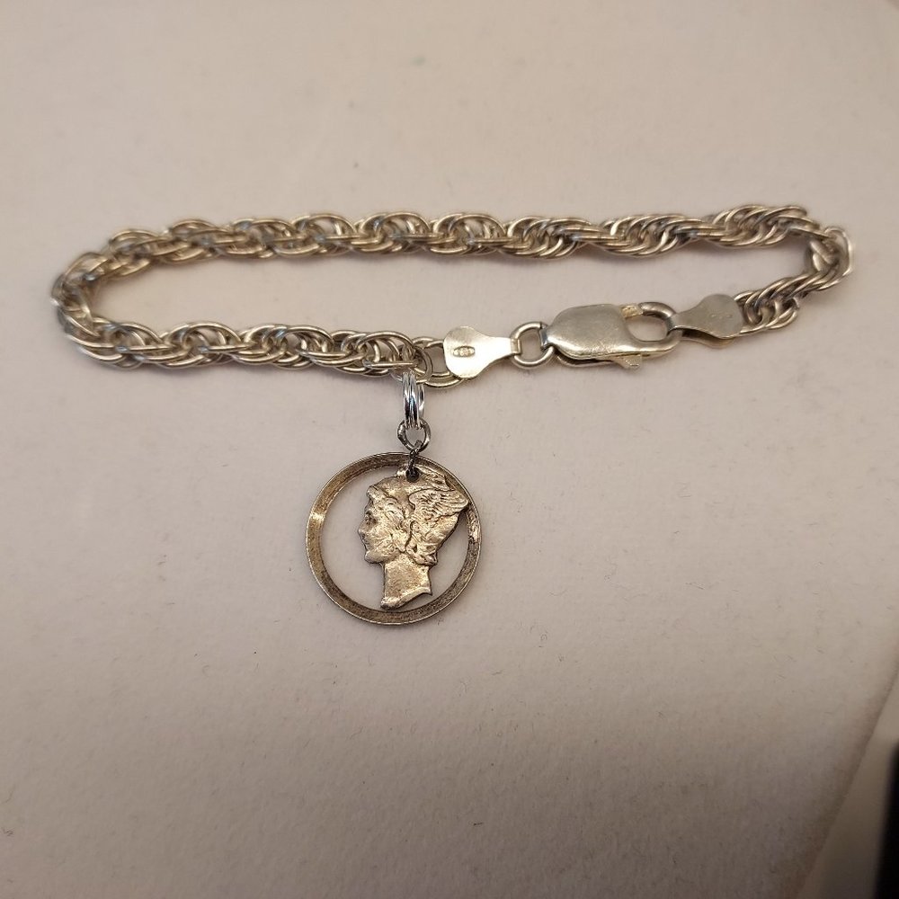 Vintage Mercury Dime .925 Charm Bracelet 7" Triple Chain 12.5 Grams FGS
